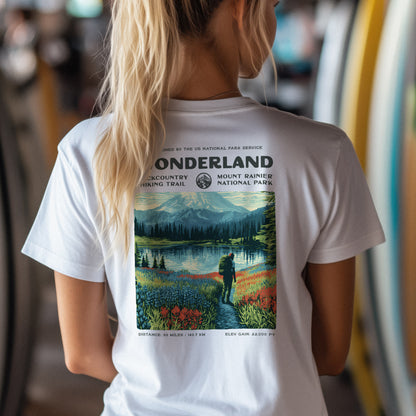 Wonderland Trail Hiking T-Shirt | Hiker Gift | Around Rainier Trail Tee — design printed on the back of the t-shirt