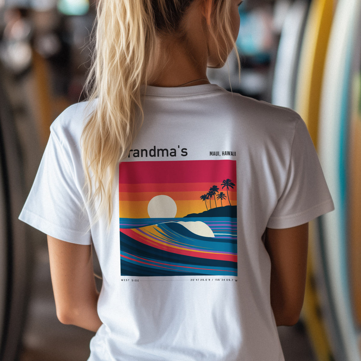 Grandma's Surf T-Shirt | Gentle Waves, Wild Soul — design printed on the back of the t-shirt