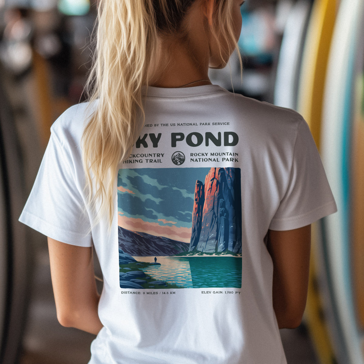 Sky Pond Hiking T-Shirt | Hiker Gift | Rocky Mountain Trail Tee — design printed on the back of the t-shirt