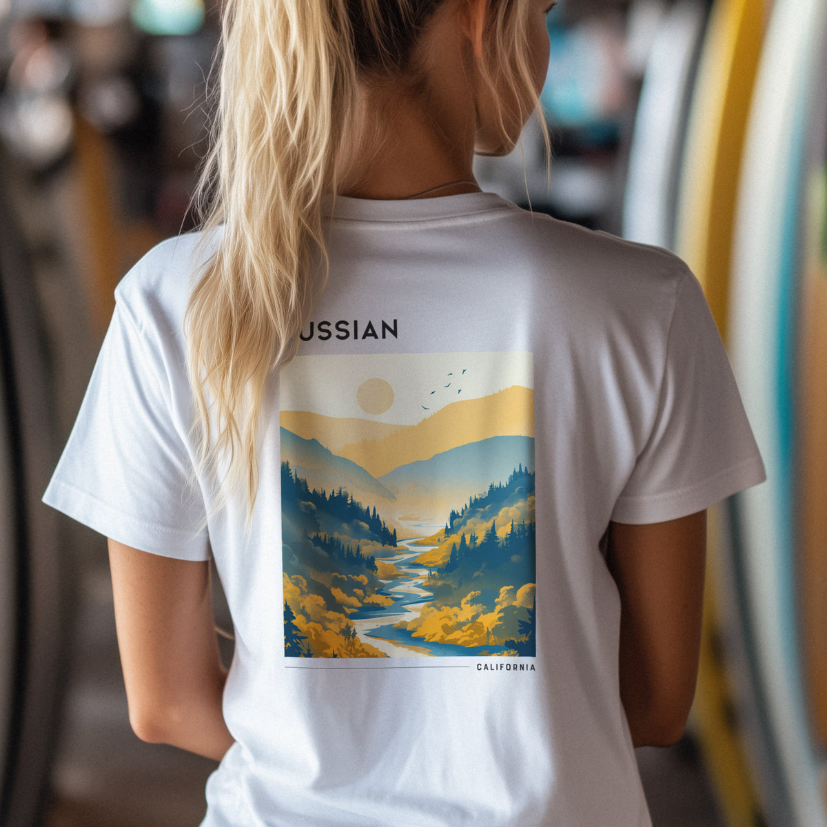 Russian River Valley Travel T-Shirt | Wine Country California Art Tee — design printed on the back of the t-shirt