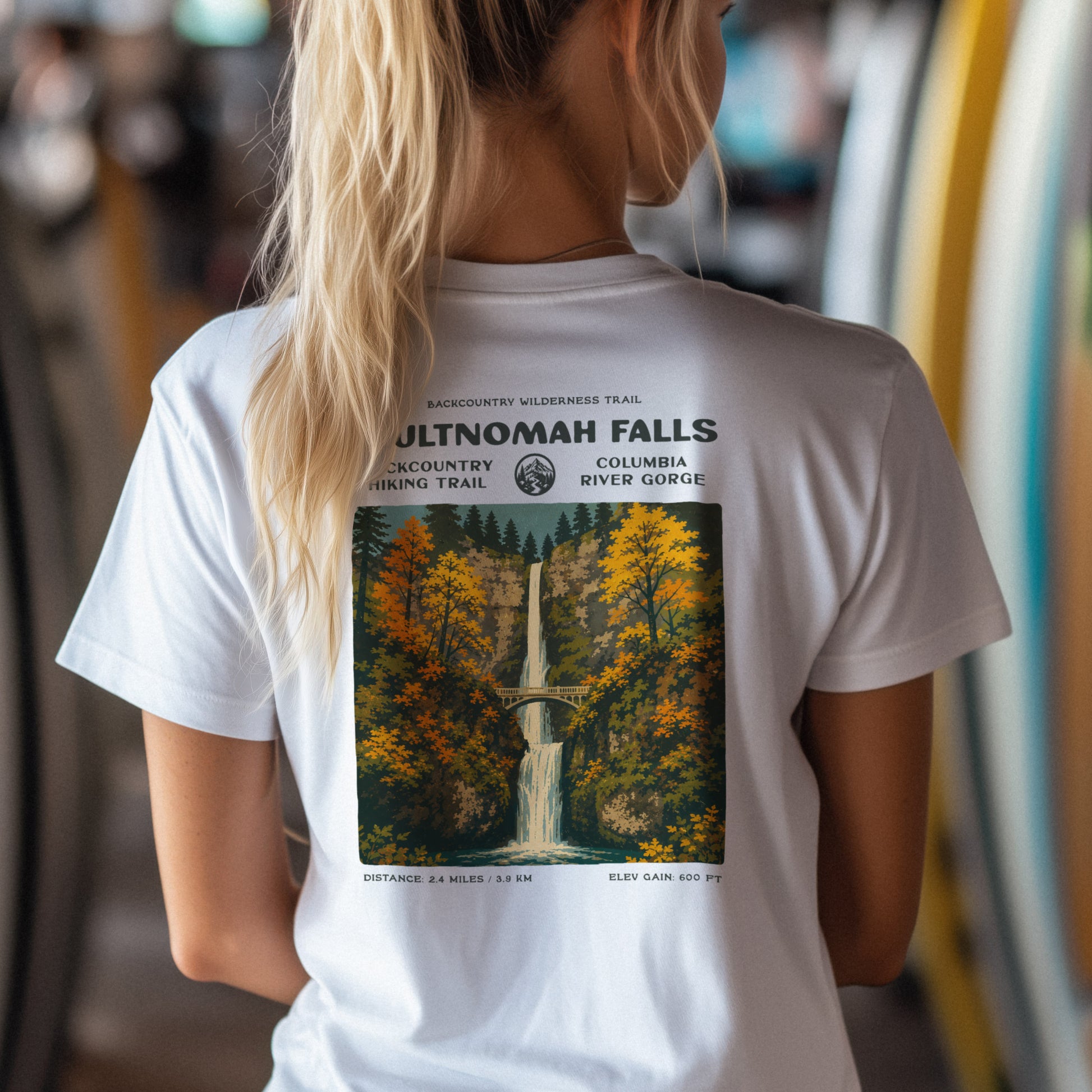 Multnomah Falls Hiking T-Shirt | Hiker Gift | Oregon Waterfall Trail Tee — design printed on the back of the t-shirt