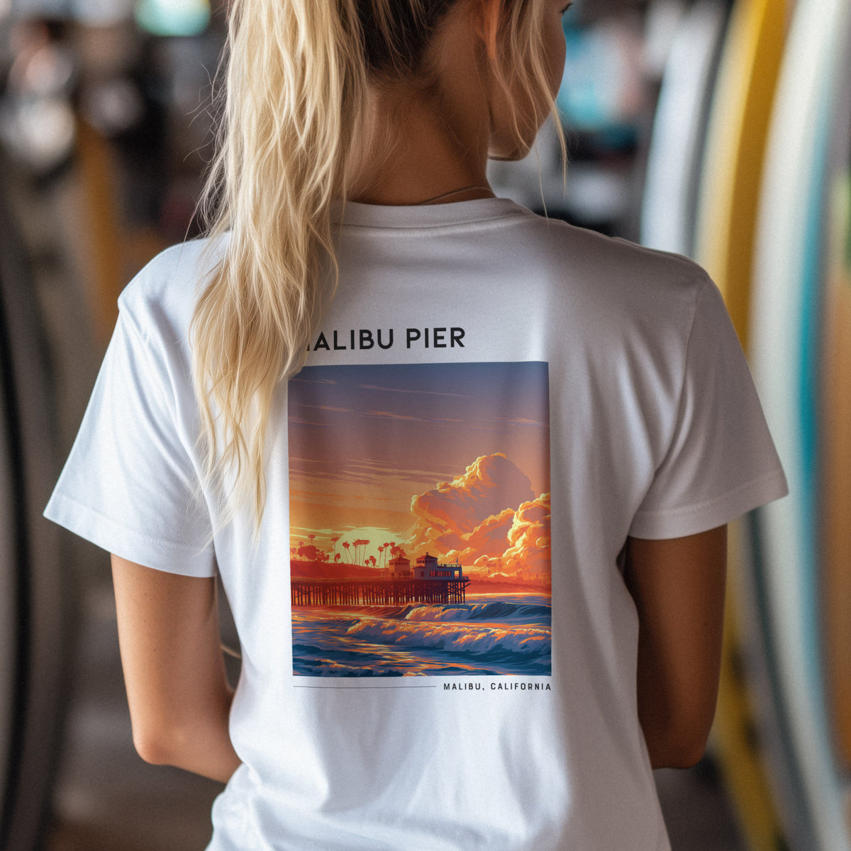 Malibu Pier Travel T-Shirt | Sun-Soaked California Coast Tee — design printed on the back of the t-shirt