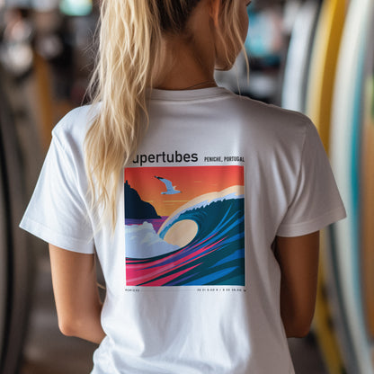 Supertubes Surf T-Shirt | Portuguese Barrel Wave Art Tee — design printed on the back of the t-shirt