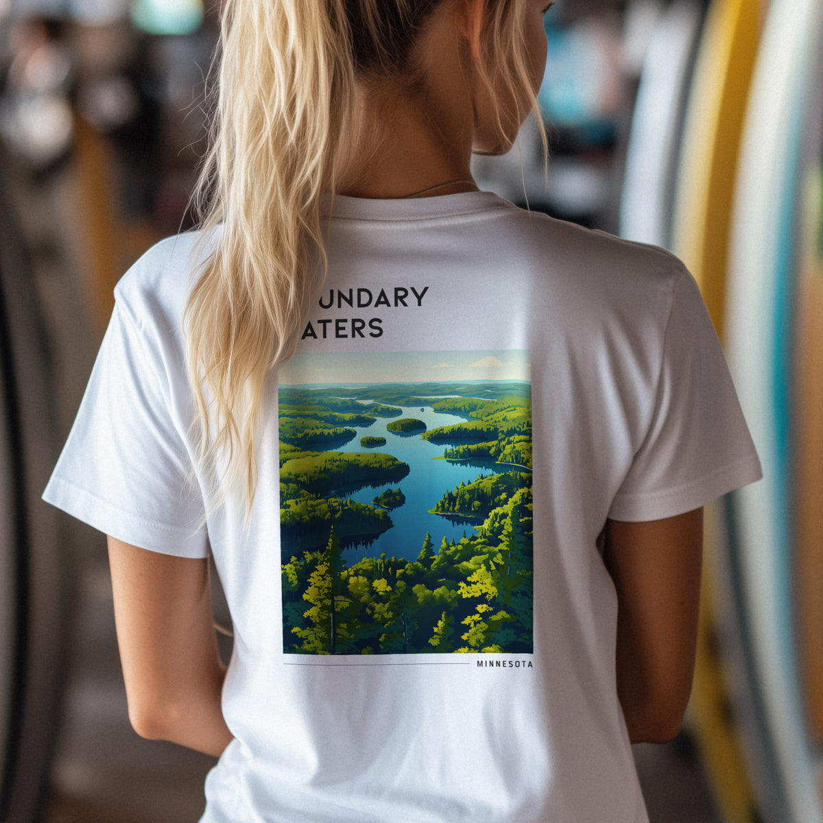 Boundary Waters Travel T-Shirt | Minnesota Wilderness Canoe Country Art — design printed on the back of the t-shirt