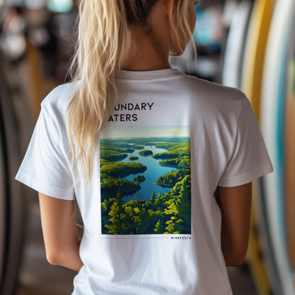 Boundary Waters Travel T-Shirt | Minnesota Wilderness Canoe Country Art — design printed on the back of the t-shirt