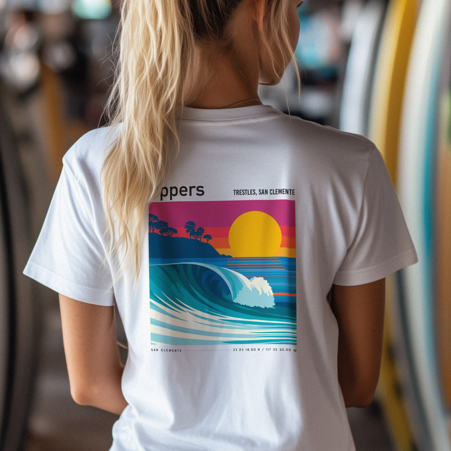 Uppers, Trestles Surf T-Shirt | Southern California Wave Art Tee — design printed on the back of the t-shirt