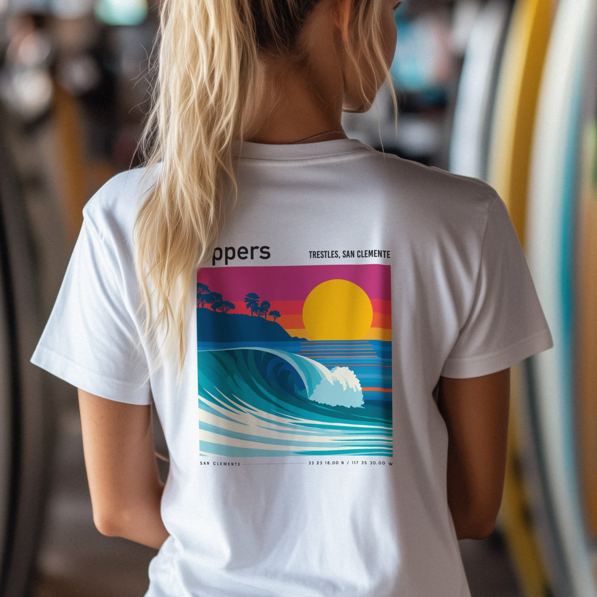 Uppers, Trestles Surf T-Shirt | Southern California Wave Art Tee — design printed on the back of the t-shirt