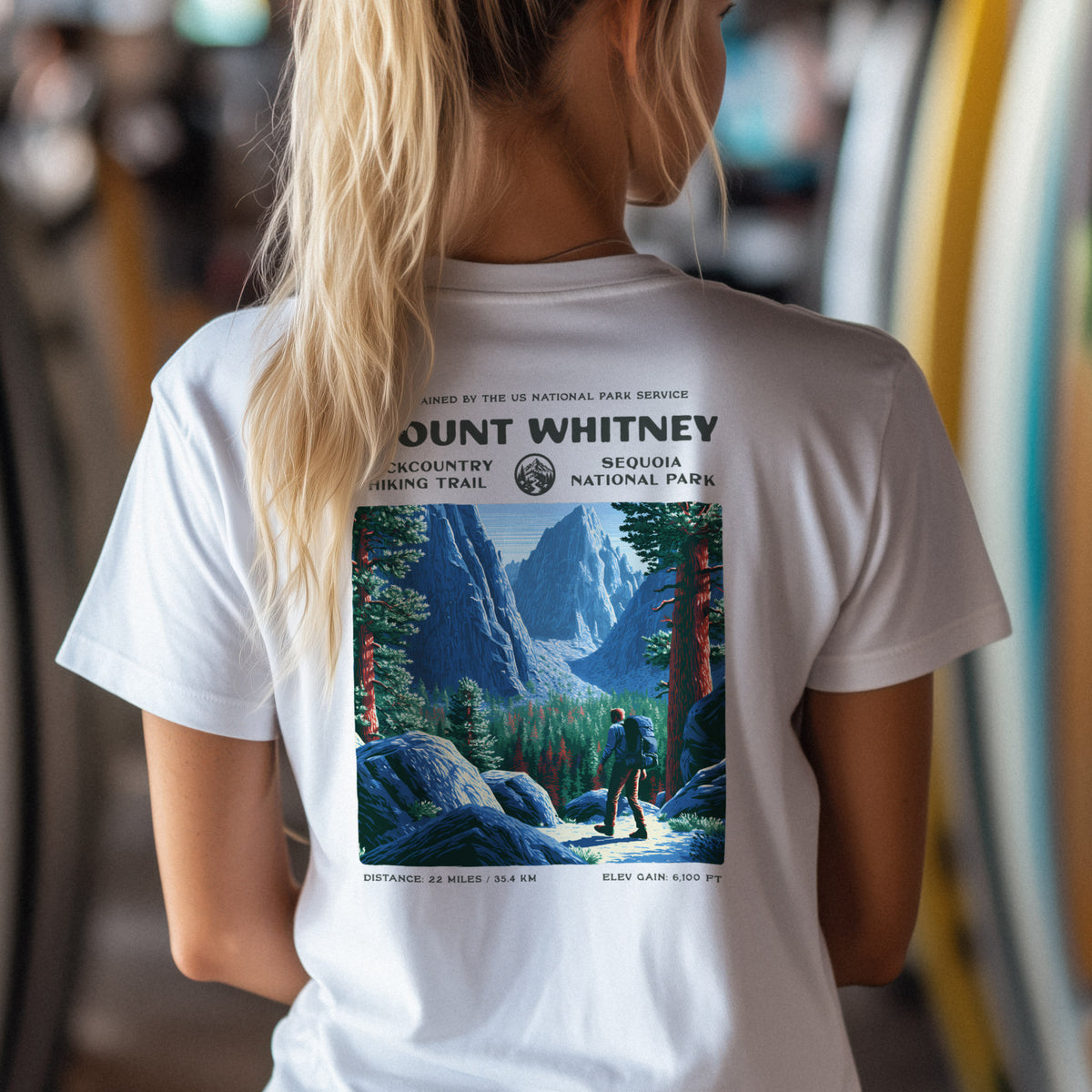 Mount Whitney Hiking T-Shirt | Hiker Gift | Summit Trail Block Print — design printed on the back of the t-shirt