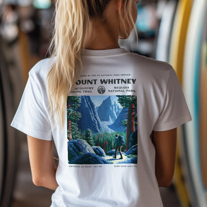 Mount Whitney Hiking T-Shirt | Hiker Gift | Summit Trail Block Print — design printed on the back of the t-shirt