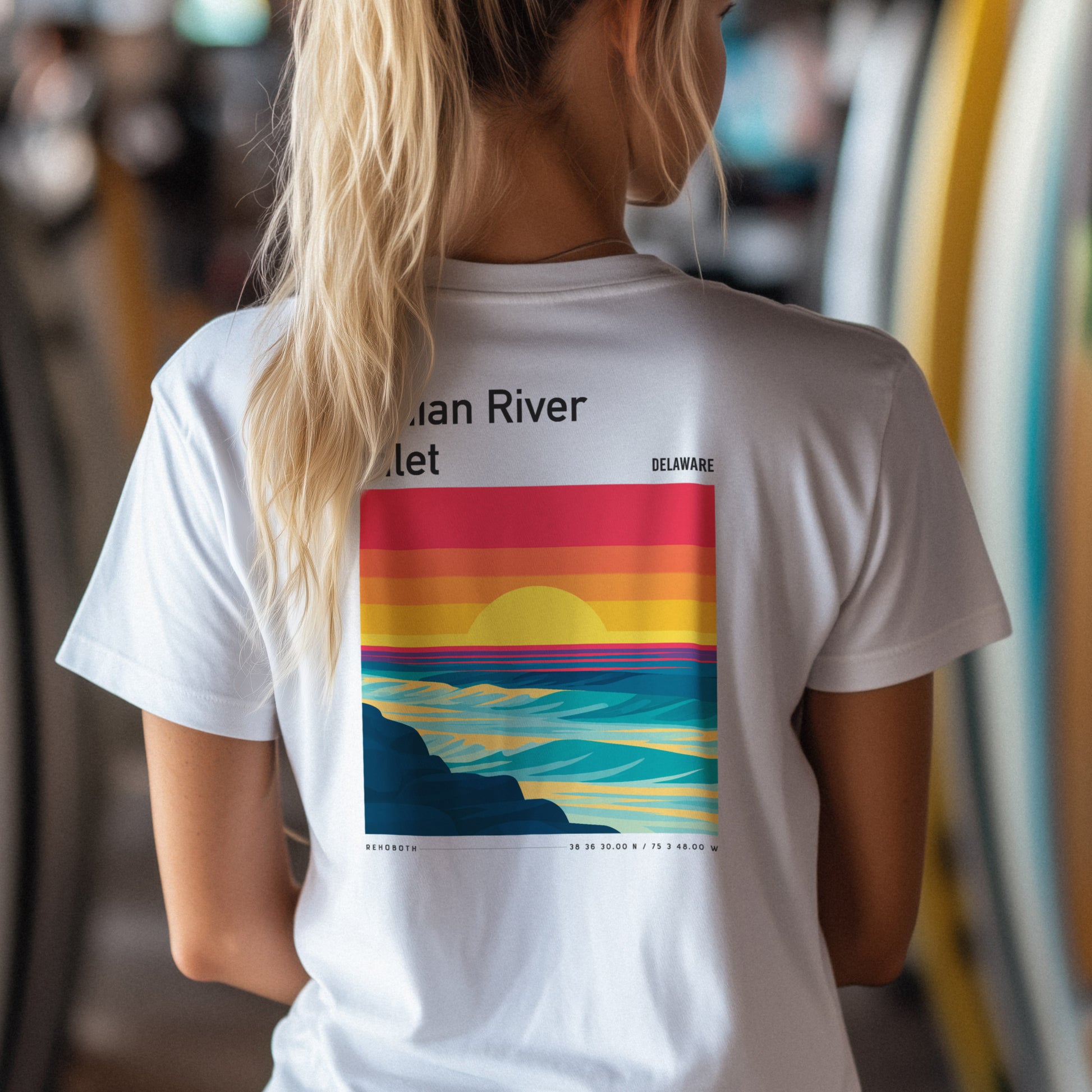 Indian River Inlet Surf T-Shirt | Delaware Coast Wave Art Tee — design printed on the back of the t-shirt