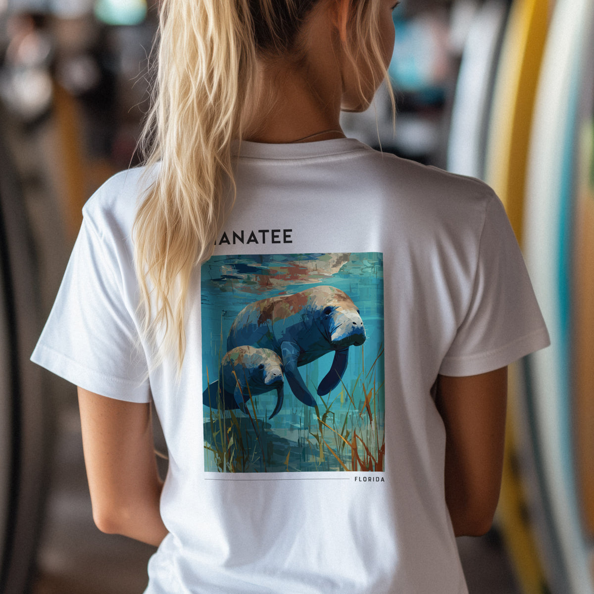 Manatee, Florida Travel T-Shirt | Gentle Waters, Wild Spirit — design printed on the back of the t-shirt