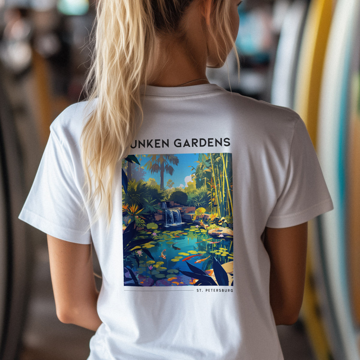 Sunken Gardens Travel T-Shirt | Tropical St. Petersburg Garden Art — design printed on the back of the t-shirt