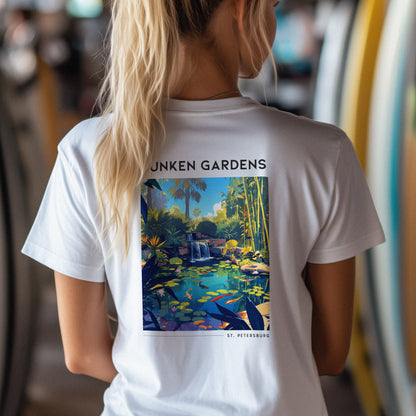 Sunken Gardens Travel T-Shirt | Tropical St. Petersburg Garden Art — design printed on the back of the t-shirt