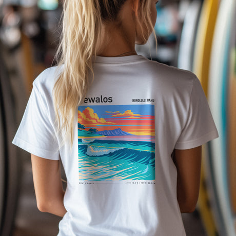 Kewalos Surf T-Shirt | Honolulu Break Wave Art Tee — design printed on the back of the t-shirt