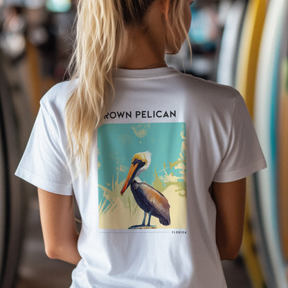 Florida Travel T-Shirt | Brown Pelican Coastal Art Tee — design printed on the back of the t-shirt