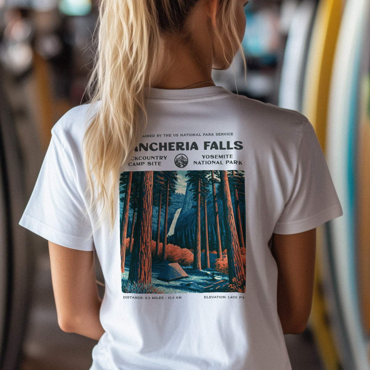 Rancheria Falls Hiking T-Shirt | Hiker Gift | Yosemite Backcountry Trail Tee — design printed on the back of the t-shirt