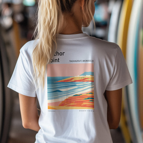 Anchor Point Surf T-Shirt | Moroccan Barrels Wave Art Tee — design printed on the back of the t-shirt