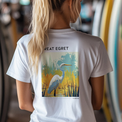 Florida Great Egret Travel T-Shirt | Coastal Wildlife Art Tee — design printed on the back of the t-shirt