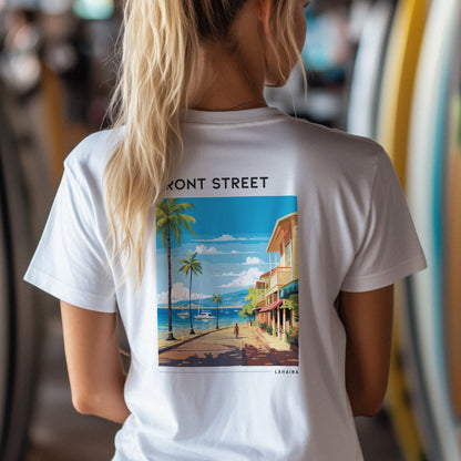 Front Street, Lahaina Travel T-Shirt | Old Maui Town Art Tee — design printed on the back of the t-shirt