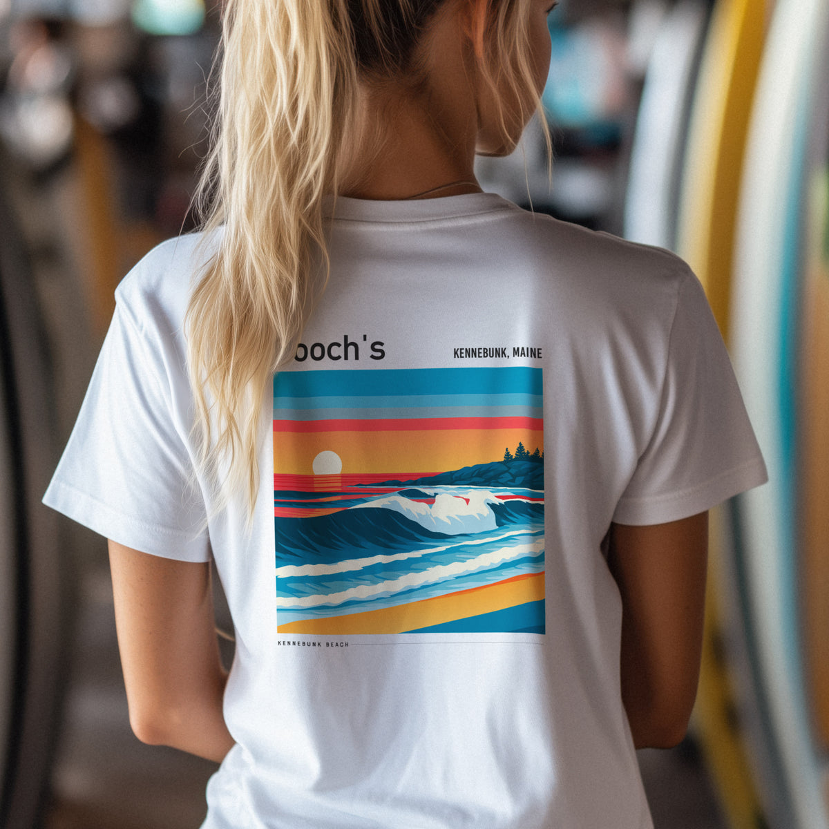 Gooch's Beach Surf T-Shirt | Maine Coast Wave Art Tee — design printed on the back of the t-shirt
