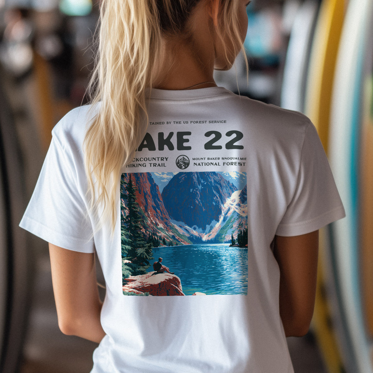 Lake 22 Hiking T-Shirt | Hiker Gift | Alpine Trail Wilderness Tee — design printed on the back of the t-shirt