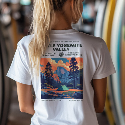 Little Yosemite Valley Hiking T-Shirt | Hiker Gift | High Sierra Trail Tee — design printed on the back of the t-shirt