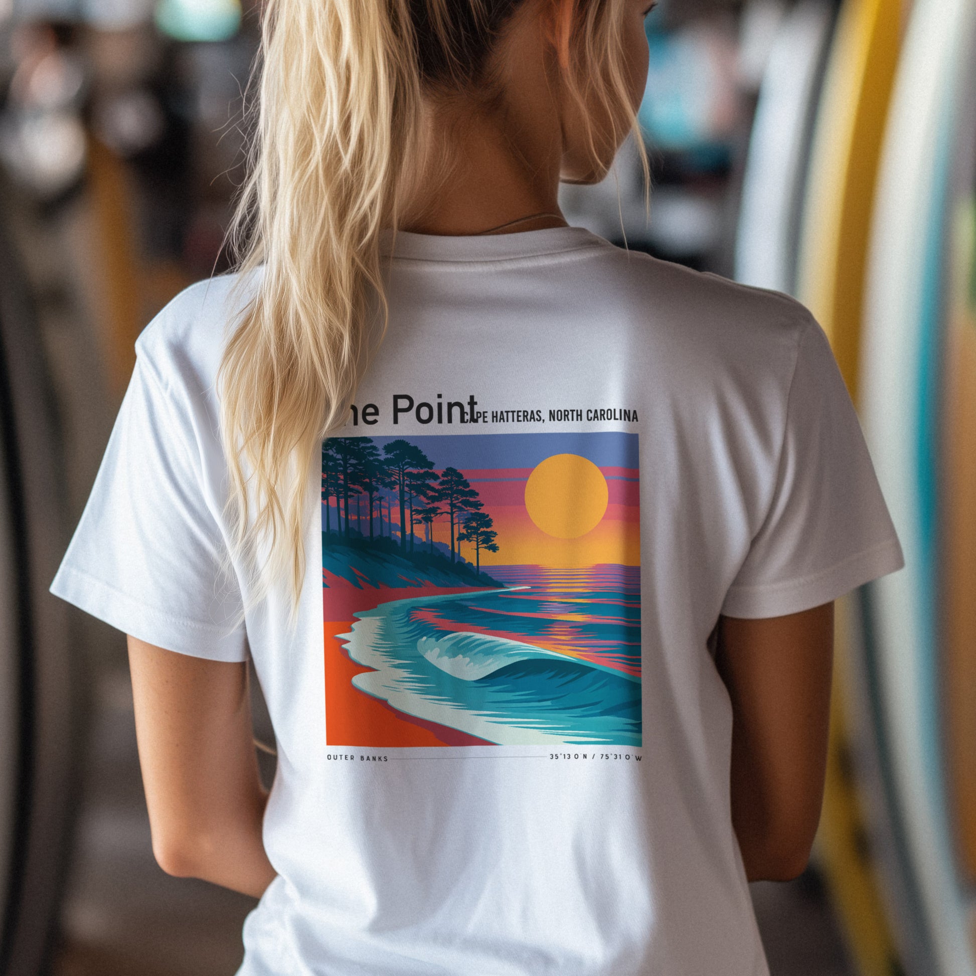 The Point, North Carolina Surf T-Shirt | Outer Banks Wave Art Tee — design printed on the back of the t-shirt