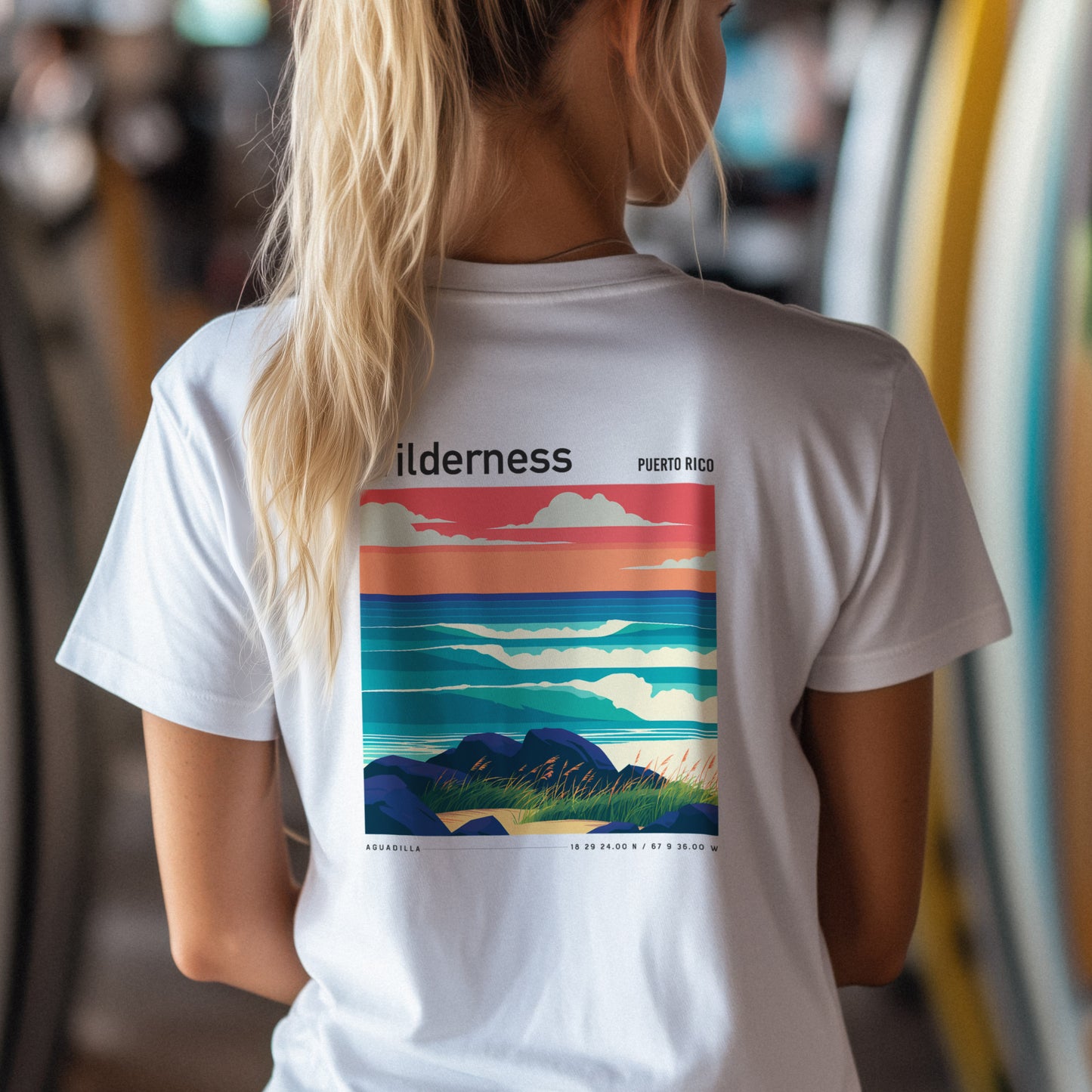Wilderness Surf T-Shirt | Puerto Rico Wave Art Tee — design printed on the back of the t-shirt