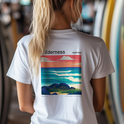 Wilderness Surf T-Shirt | Puerto Rico Wave Art Tee — design printed on the back of the t-shirt