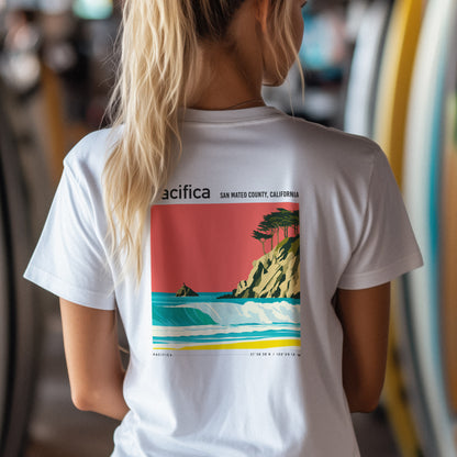 Pacifica Surf T-Shirt | Foggy Coast Wave Art Tee — design printed on the back of the t-shirt