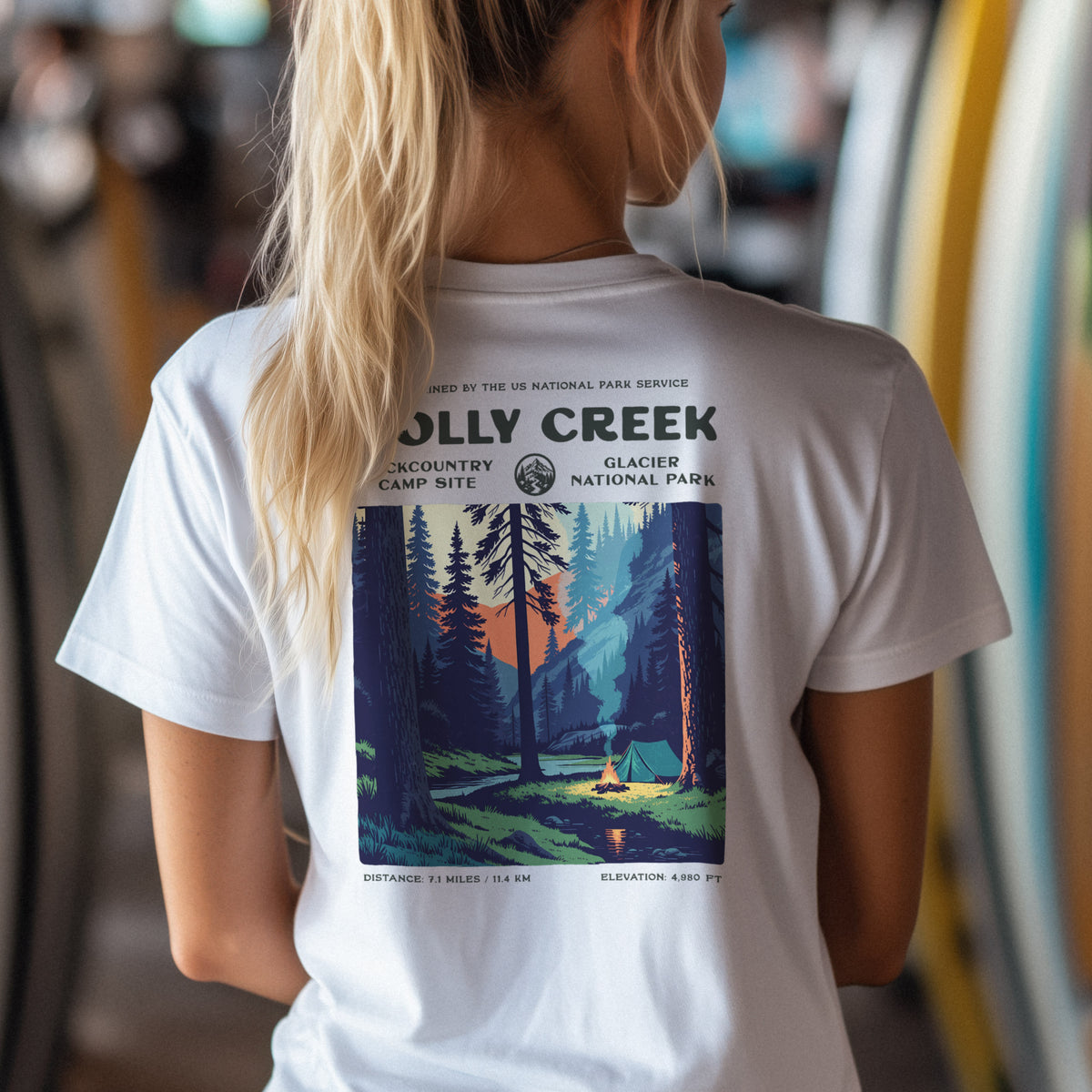 Holly Creek Backcountry Site Hiking T-Shirt | Camper Gift | Glacier Wilderness Trail Tee — design printed on the back of the
