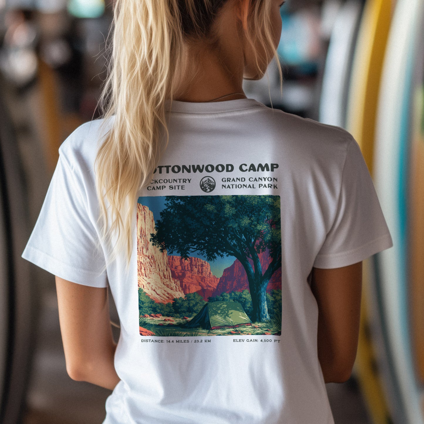 Cottonwood Camp Hiking T-Shirt | Camper Gift | Grand Canyon Backcountry Tee — design printed on the back of the t-shirt