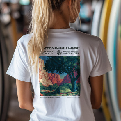 Cottonwood Camp Hiking T-Shirt | Camper Gift | Grand Canyon Backcountry Tee — design printed on the back of the t-shirt