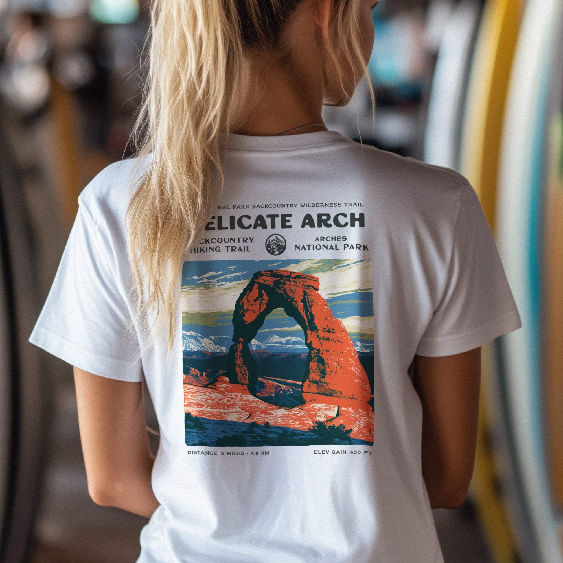 Delicate Arch Hiking T-Shirt | Hiker Gift | Red Rock Trail Tee — design printed on the back of the t-shirt