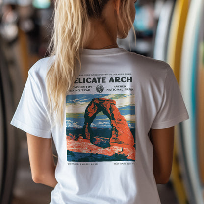Delicate Arch Hiking T-Shirt | Hiker Gift | Red Rock Trail Tee — design printed on the back of the t-shirt