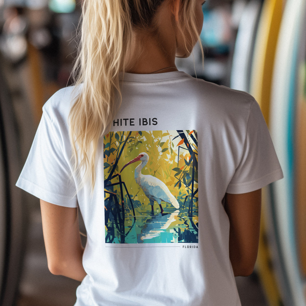 White Ibis Florida Travel T-Shirt | Coastal Bird Art Tee — design printed on the back of the t-shirt