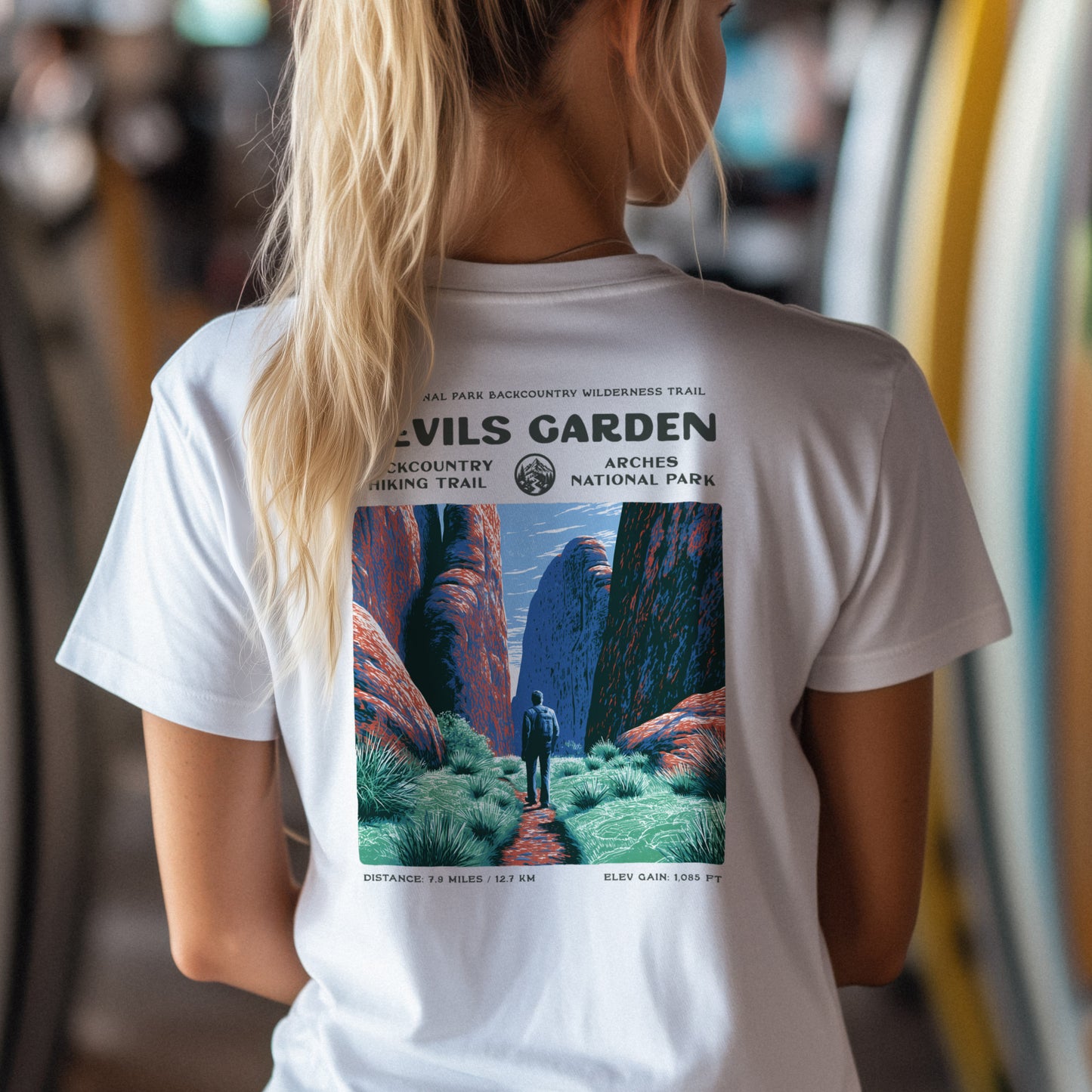Devils Garden Hiking T-Shirt | Hiker Gift | Arches National Park Tee — design printed on the back of the t-shirt