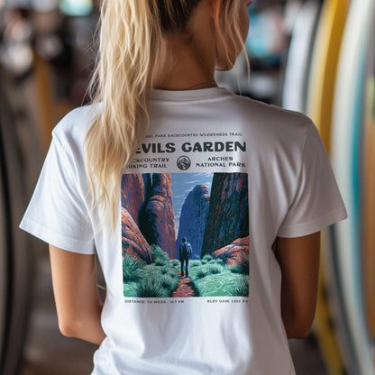 Devils Garden Hiking T-Shirt | Hiker Gift | Arches National Park Tee — design printed on the back of the t-shirt