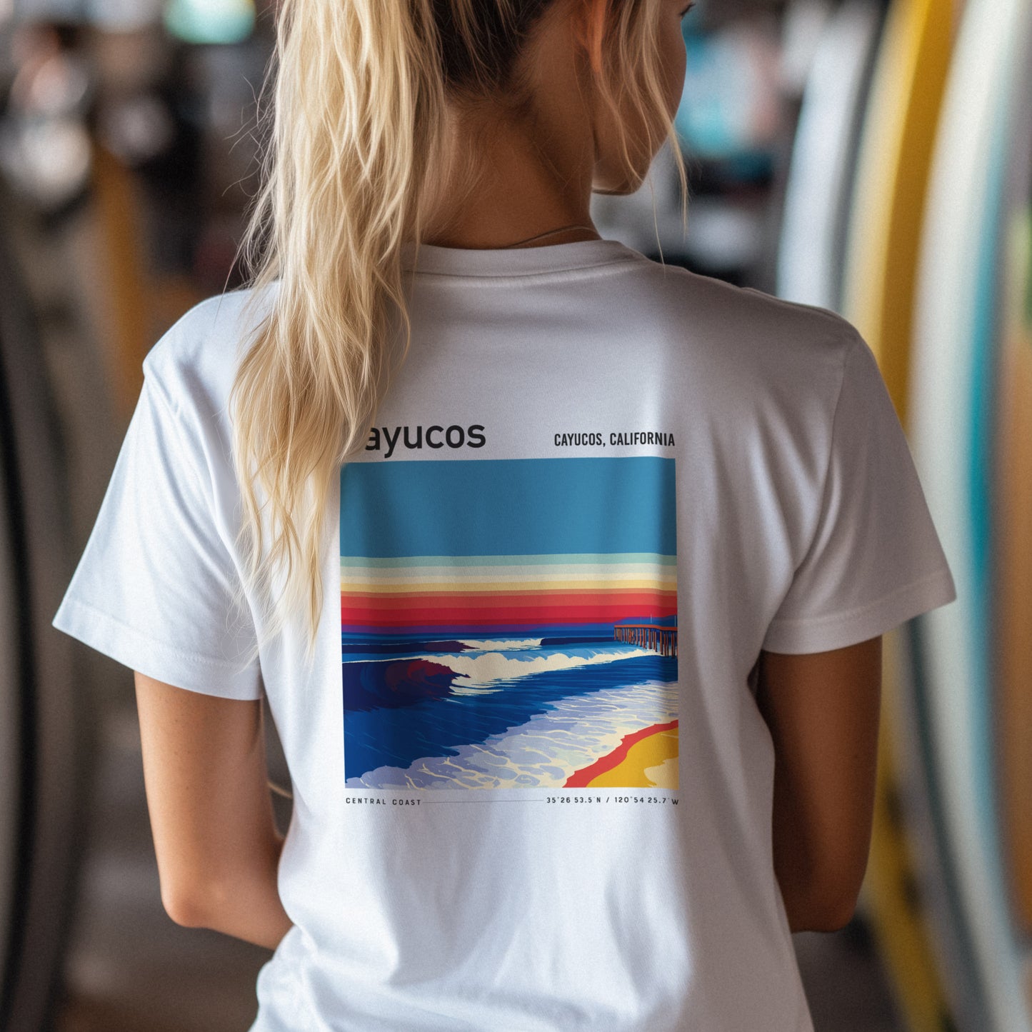 Cayucos Surf T-Shirt | Central Coast Wave Art Tee — design printed on the back of the t-shirt