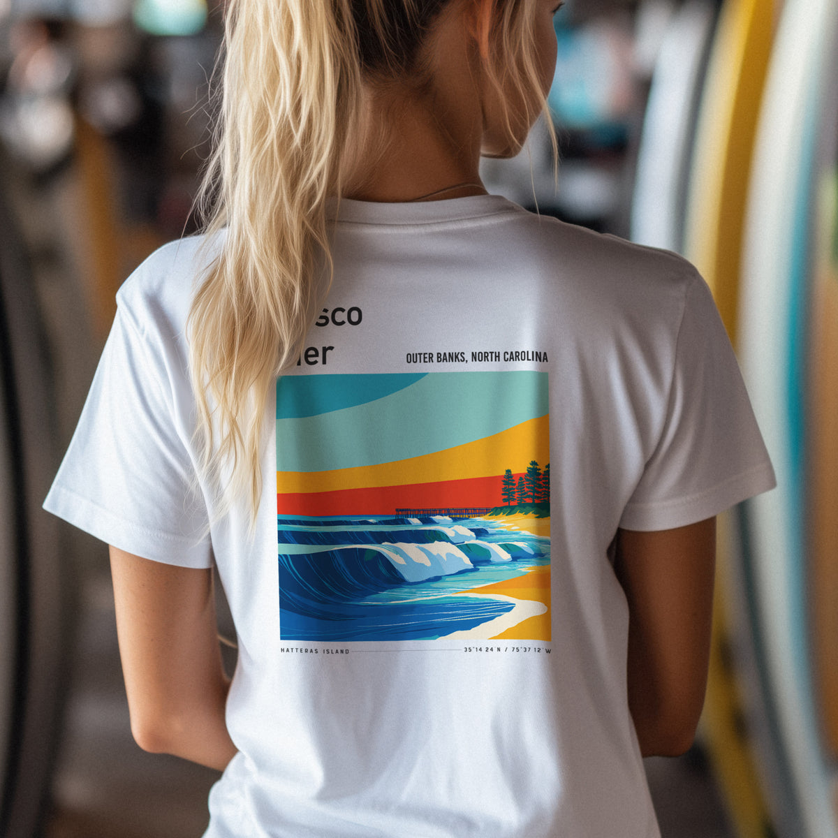 Frisco Pier Surf T-Shirt | Outer Banks Wave Art Tee — design printed on the back of the t-shirt