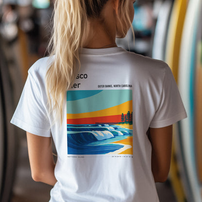 Frisco Pier Surf T-Shirt | Outer Banks Wave Art Tee — design printed on the back of the t-shirt