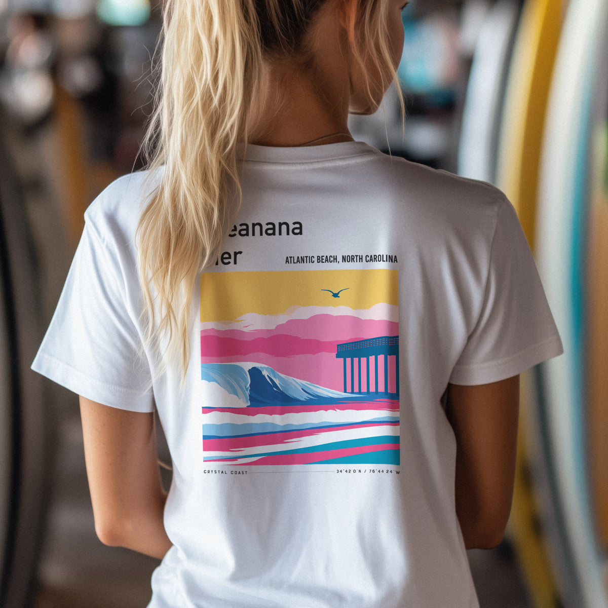 Oceanana Pier Surf T-Shirt | Carolina Coast Wave Tee — design printed on the back of the t-shirt