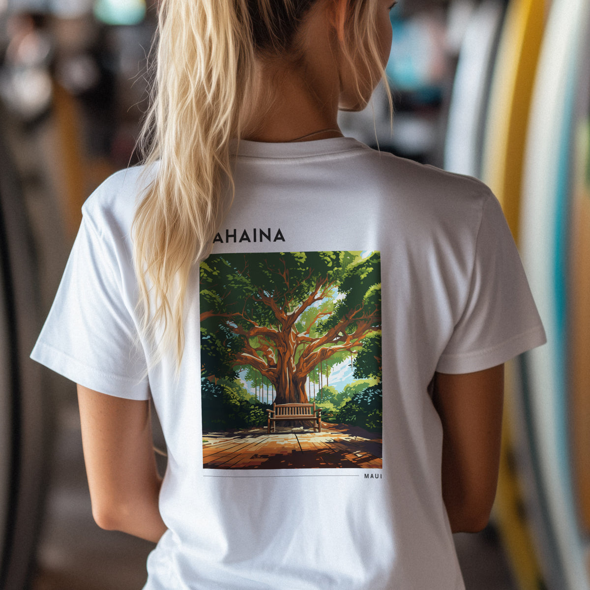 Lahaina, Maui Travel T-Shirt | Old Town Aloha Spirit Tee — design printed on the back of the t-shirt