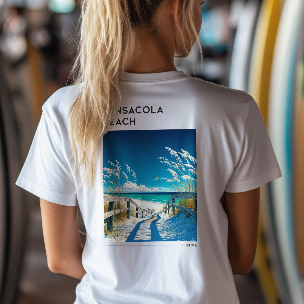 Pensacola Beach Travel T-Shirt | Gulf Coast Sun & Sand — design printed on the back of the t-shirt