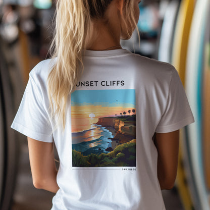 Sunset Cliffs Travel T-Shirt | San Diego Coastal Art Tee — design printed on the back of the t-shirt