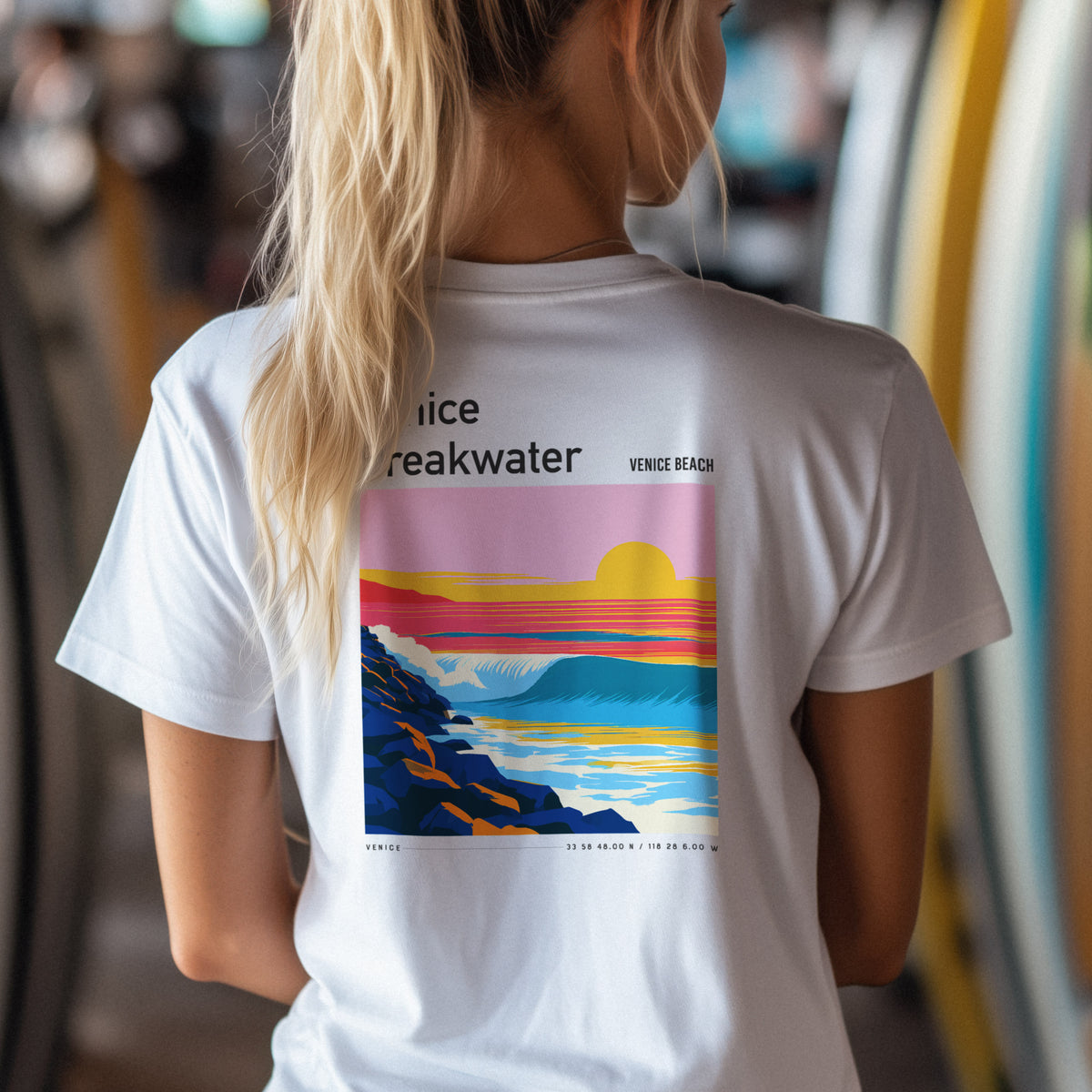 Venice Breakwater Surf T-Shirt | Laid-Back LA Wave Art — design printed on the back of the t-shirt