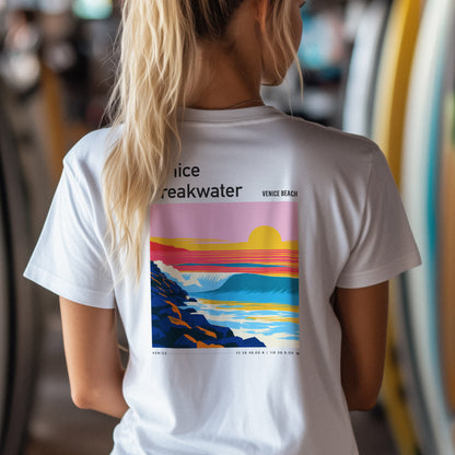 Venice Breakwater Surf T-Shirt | Laid-Back LA Wave Art — design printed on the back of the t-shirt