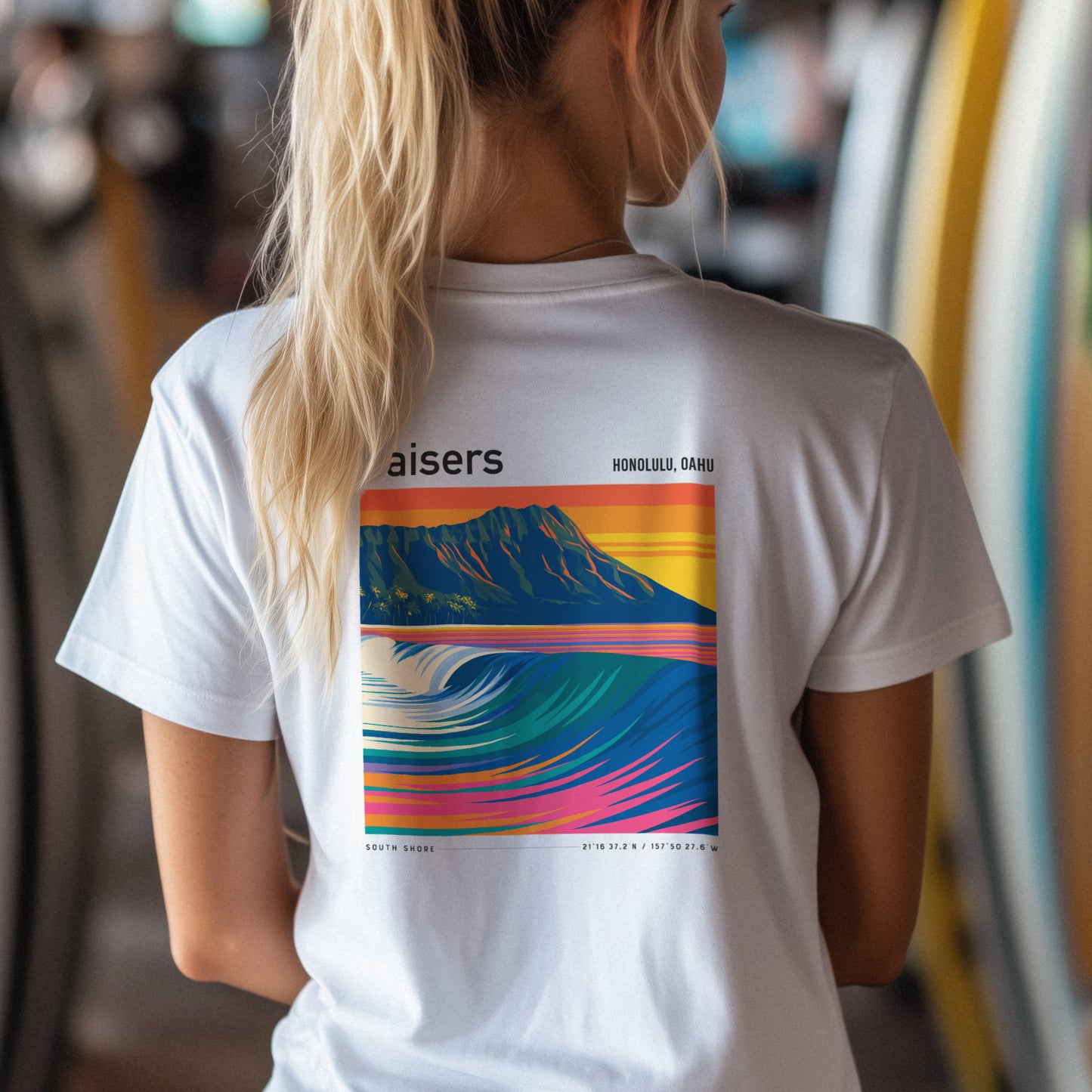 Kaisers Surf T-Shirt | Hawaiian Reef Break Wave Art — design printed on the back of the t-shirt