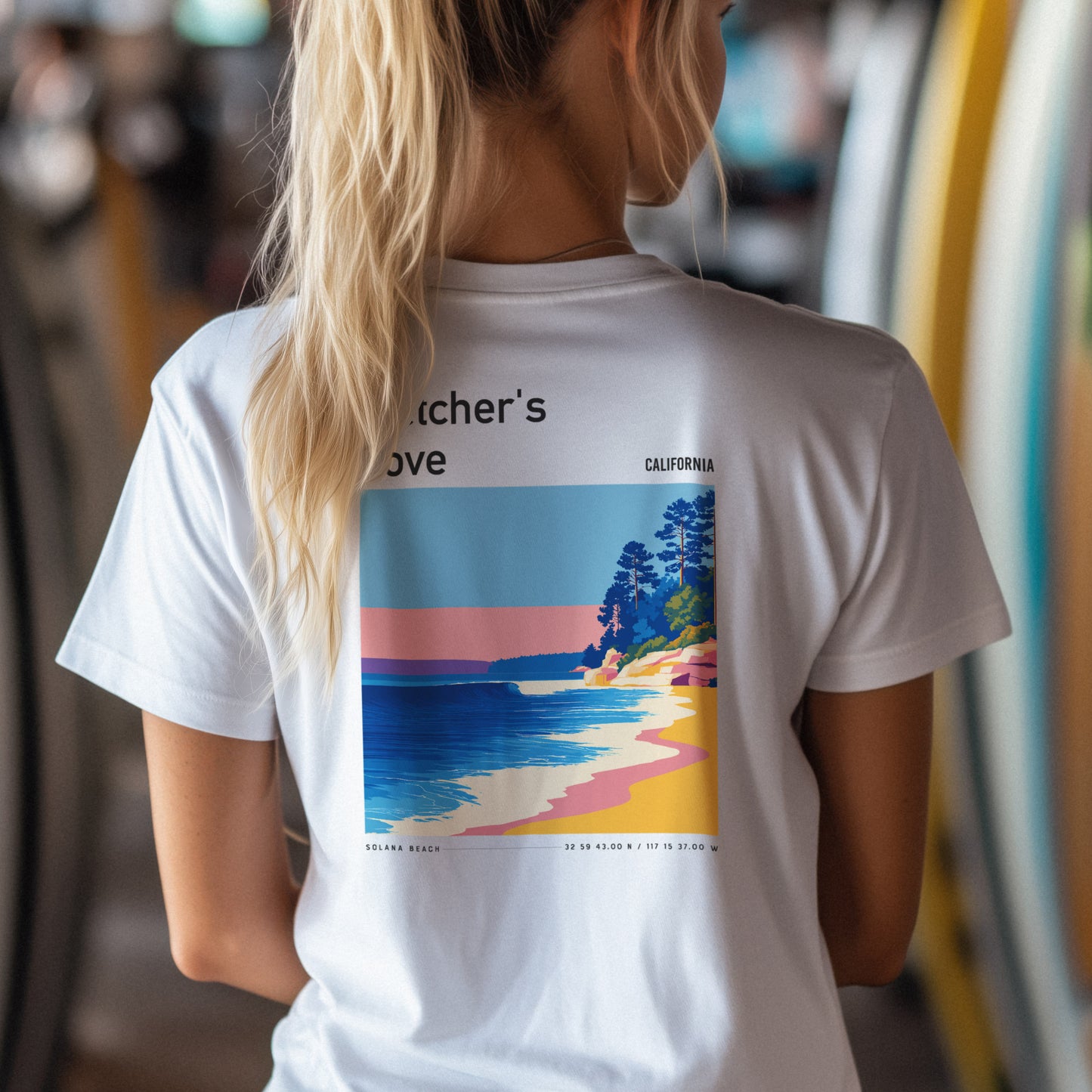 Fletcher's Cove Surf T-Shirt | Coastal Wave Art Tee — design printed on the back of the t-shirt