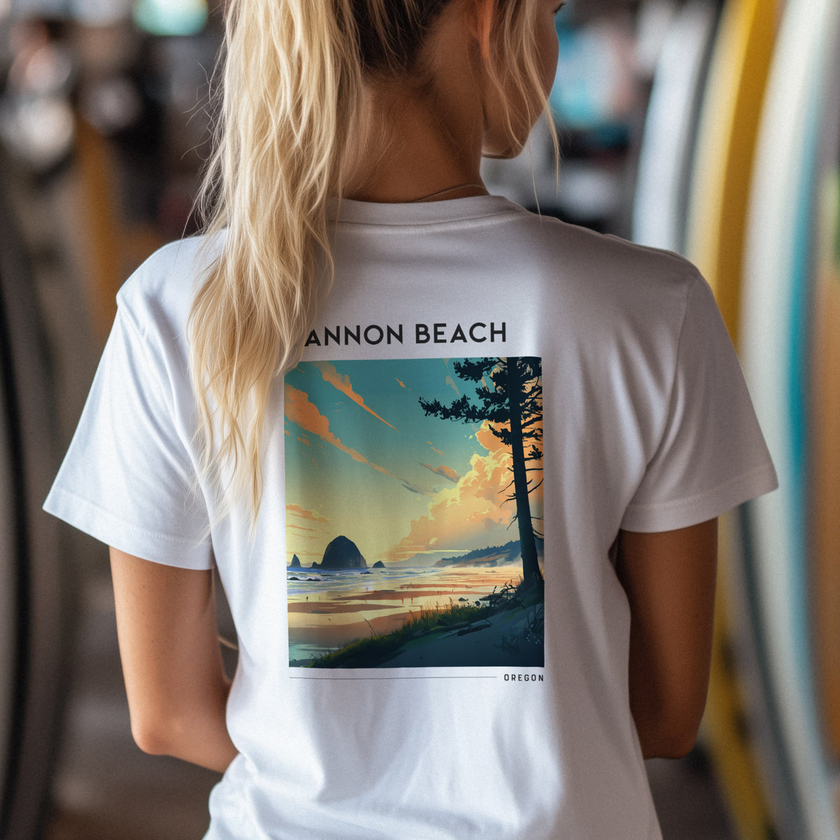 Cannon Beach Travel T-Shirt | Oregon Coast Iconic Haystack Rock — design printed on the back of the t-shirt